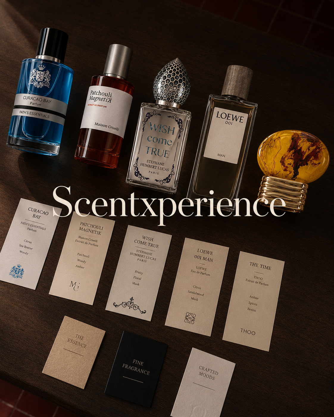 ScentXperience parfumselectie met verschillende parfumflessen en geurkaartjes